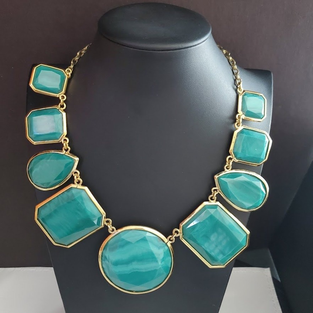 Kate Spade Swirl Around Teal Green Faceted Stone Gold Tone Statement Necklace